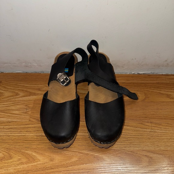 Shoes - Black Leather Clogs with Buckle